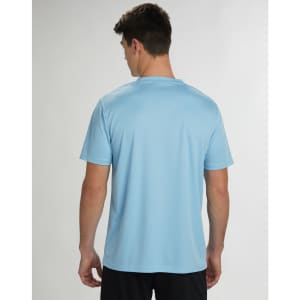 A blue men's Cooldry short sleeve tee featuring a plain back design and a logo on the upper back.