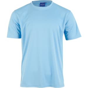 Light blue short sleeve tee, made from cooldry fabric, designed for kids, featuring a logo on the tag.