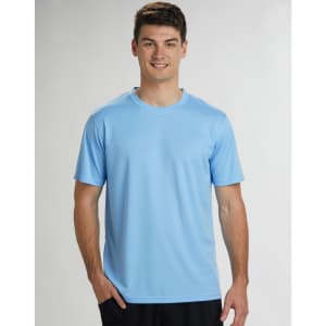A light blue short sleeve tee for men made from cooldry fabric, featuring a logo on the front.