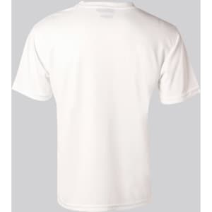 A plain white short sleeve tee with a smooth texture and a logo on the back. Suitable for kids.