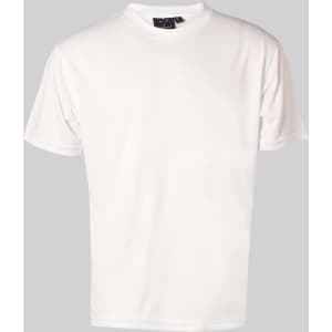 A white short sleeve T-shirt made from cooldry fabric, featuring a logo on the neckline.