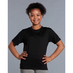 A black short sleeve tee for kids, made from cooldry fabric, featuring a logo.