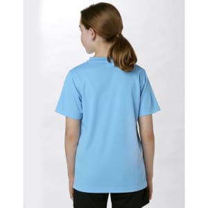 A short sleeve tee in light blue, featuring a simple design and a logo, viewed from the back.