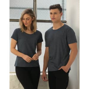 A grey heather short sleeve t-shirt displayed on male and female models, featuring a simple design and fitted style.