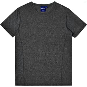 A grey heather short-sleeve T-shirt with a smooth texture and a logo on the neckline.