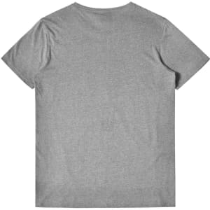 A grey short-sleeve t-shirt with a simple design and a logo on the back.