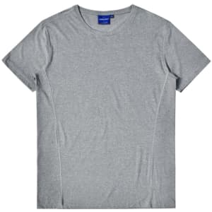 A grey short-sleeve t-shirt with a logo, featuring a smooth, heathered texture and a classic design.