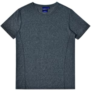 A grey heather short-sleeved men's t-shirt featuring a simple design and a logo on the neckline.