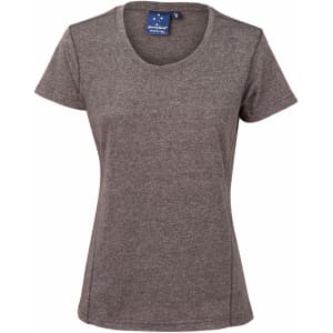 A short-sleeved women's T-shirt in heather grey with a round neckline and a logo on the label.