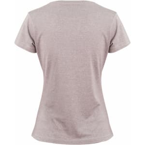 A grey heather women's short-sleeve T-shirt featuring a fitted design and a logo on the back.