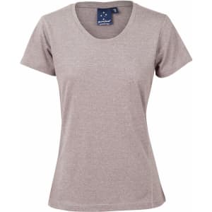 A light grey short-sleeve t-shirt with a crew neck and a logo on the inside label.
