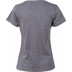 A heather grey short-sleeve women’s tee featuring a rounded neckline and a small logo.
