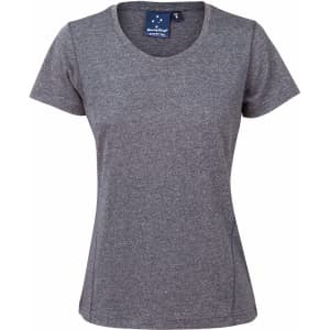 A grey ladies' short-sleeve t-shirt with a round neckline and a logo on the label.
