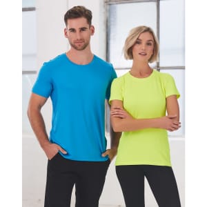 A blue men's t-shirt and a neon yellow women's t-shirt, both featuring a logo, displayed against a light background.