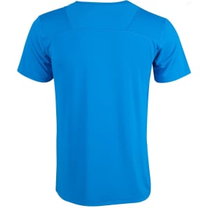 A blue Men's Cooldry Stretch Tee with a smooth fabric and a textured shoulder design. Features a logo on the back.