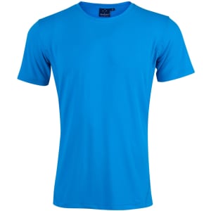 A blue Men's Cooldry Stretch Tee with a round neckline and short sleeves, featuring a logo on the label.