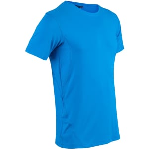 A blue men's Cooldry stretch tee featuring short sleeves and a textured side panel. It has a logo on it.