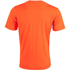 An orange Men's Cooldry Stretch Tee featuring a smooth, short-sleeved design and a logo on the back.