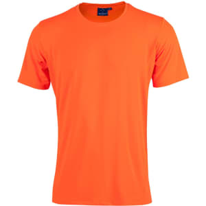 An orange Men's Cooldry Stretch Tee featuring a short-sleeve design and a logo at the neckline.