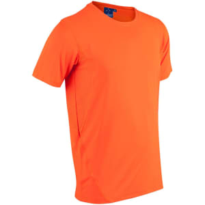 An orange Men's Cooldry Stretch Tee featuring a breathable mesh side panel and a logo.