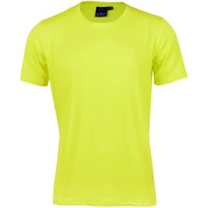 A bright yellow short-sleeved men's T-shirt with a round neck and a logo on the label.