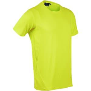 A bright yellow Men's Cooldry Stretch Tee with mesh sides and a logo on the collar.