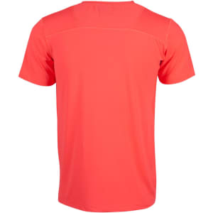 A vibrant coral men's T-shirt with a stretch fabric, featuring a logo on the back.