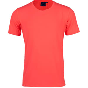 A men's short-sleeve t-shirt in bright coral with a round neckline and a logo on the label.