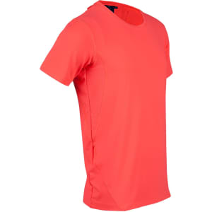 A bright coral men's Cooldry stretch tee featuring short sleeves and a textured panel on the side.