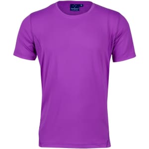 A purple Men's Cooldry Stretch Tee with short sleeves and a logo on the label at the neckline.