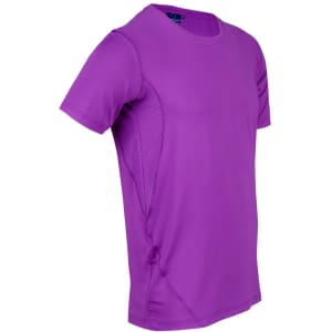 A purple Men's Cooldry Stretch Tee with mesh side panels and a logo on the front.