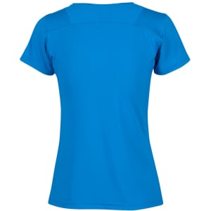 A blue ladies' t-shirt with a fitted design and short sleeves, featuring a textured back panel and branding.