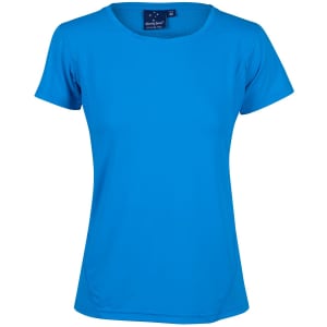 A bright blue women's cooldry stretch T-shirt with a fitted cut and short sleeves, featuring a logo on the label.