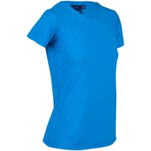 A blue women's t-shirt with a fitted design and a logo on the fabric.