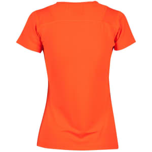 A ladies' orange Cooldry stretch tee with a fitted design and short sleeves. The back features textured detailing and a logo.