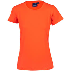 An orange stretch t-shirt featuring a round neck and short sleeves, with a logo on the inside label.