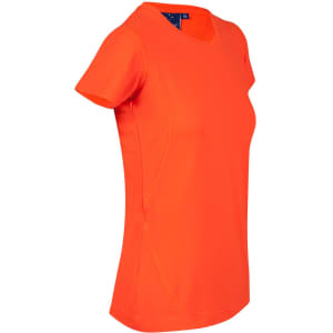 An orange ladies' T-shirt with a fitted style and a logo on the chest.