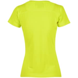 A back view of a ladies' t-shirt in bright yellow, featuring a textured panel at the top and a logo.