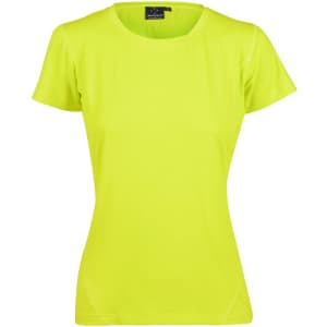 A bright yellow Ladies' Cooldry Stretch Tee with short sleeves and a fitted design, featuring a logo at the neckline.