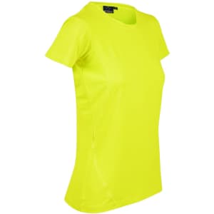 A bright yellow ladies' T-shirt with a fitted design and textured side panels, featuring a logo.