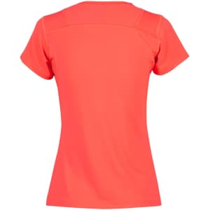 A back view of a Ladies' Cooldry Stretch Tee in bright coral, featuring a mesh panel and a logo.