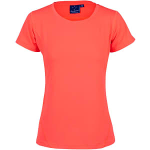 A bright coral women's T-shirt with short sleeves, featuring a logo on the neckline.