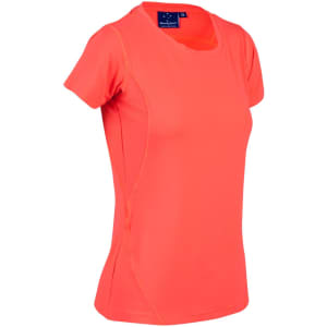 A bright coral ladies' t-shirt featuring a fitted design and breathable fabric with a logo on the label.