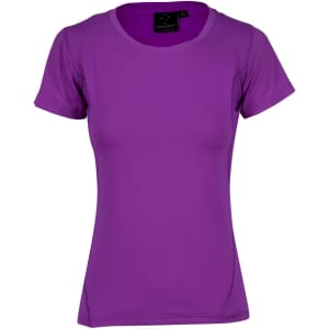 A purple ladies' stretch tee with short sleeves and a fitted design. Features a logo tag inside the neckline.