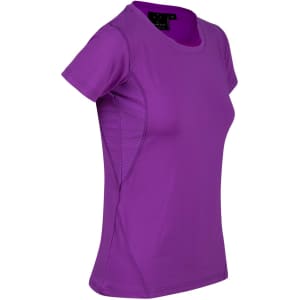A purple ladies' t-shirt with a fitted design and side panel details. It features a logo on the tag.