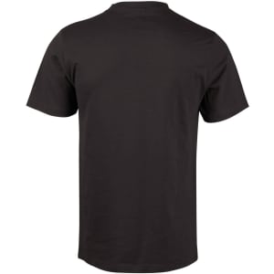 A black men's cotton semi-fitted t-shirt, featuring short sleeves and a simple design, with a logo on the back.