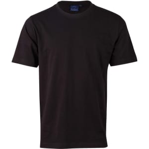 A black semi-fitted men's cotton t-shirt with a crew neck and short sleeves. Features a logo at the neckline.