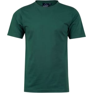 A green men's cotton semi-fitted tee, featuring short sleeves and a crew neckline. It has a logo on the tag.