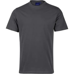 A grey men's cotton semi-fitted tee with crew neckline and short sleeves, featuring a logo on the label.