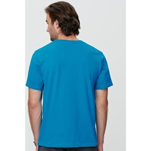 A blue men's cotton semi-fitted tee with short sleeves, showing the back view. The shirt has a logo.